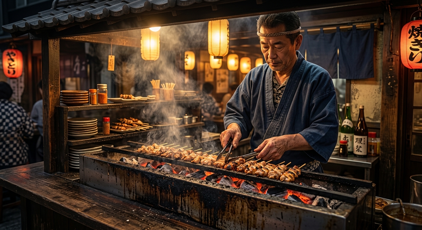 焼き台に立つ店主